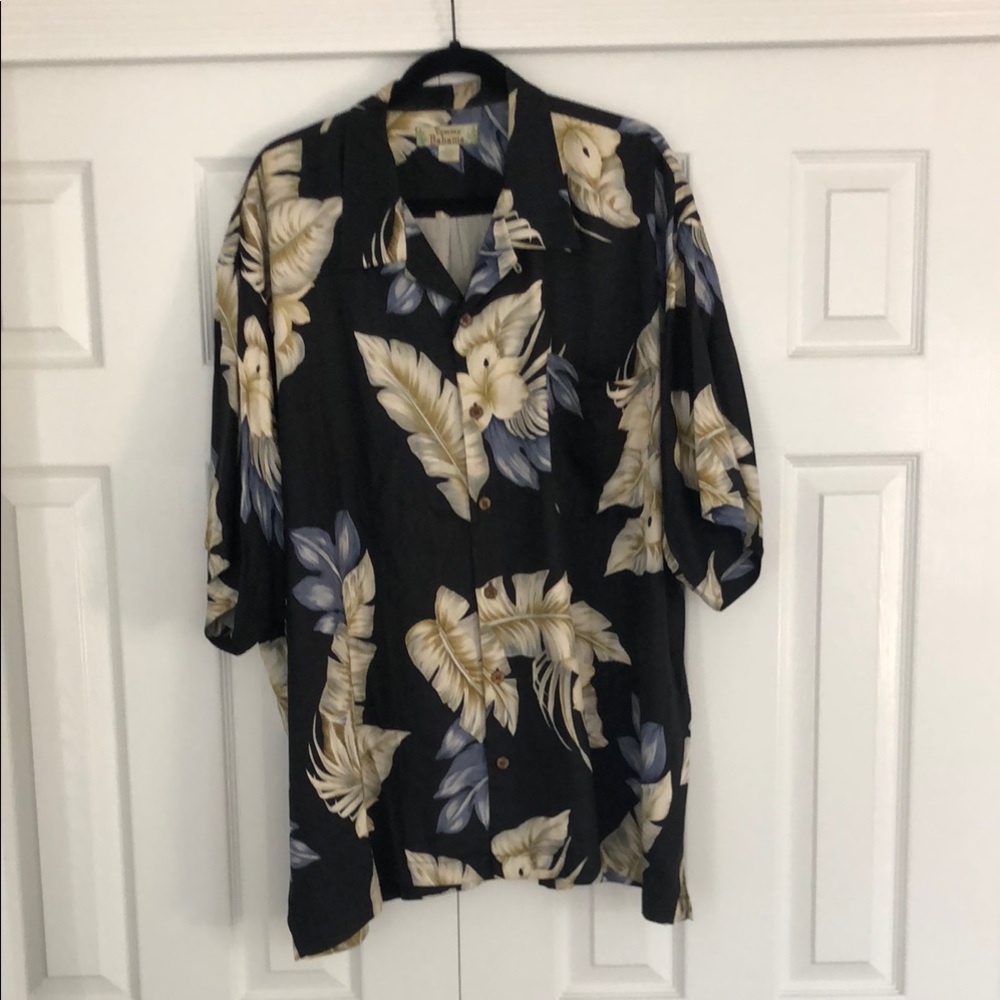 Tommy Bahama Black Silk Shirt with Beige and Blue Floral Design